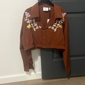 Brown Embroidered Crop Top